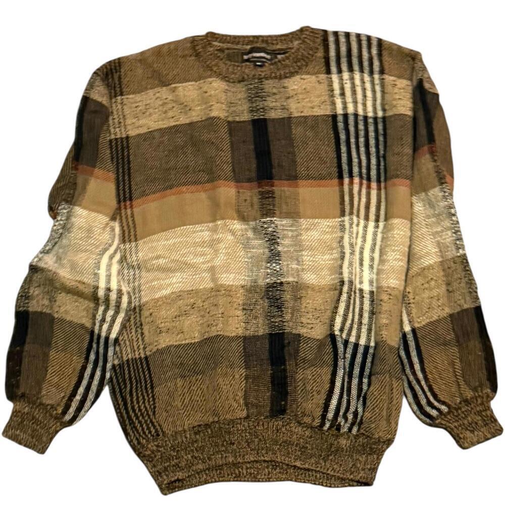Tony Lambert Vintage Knit Sweater Plaid Checkered Brown Beige Black Size M
